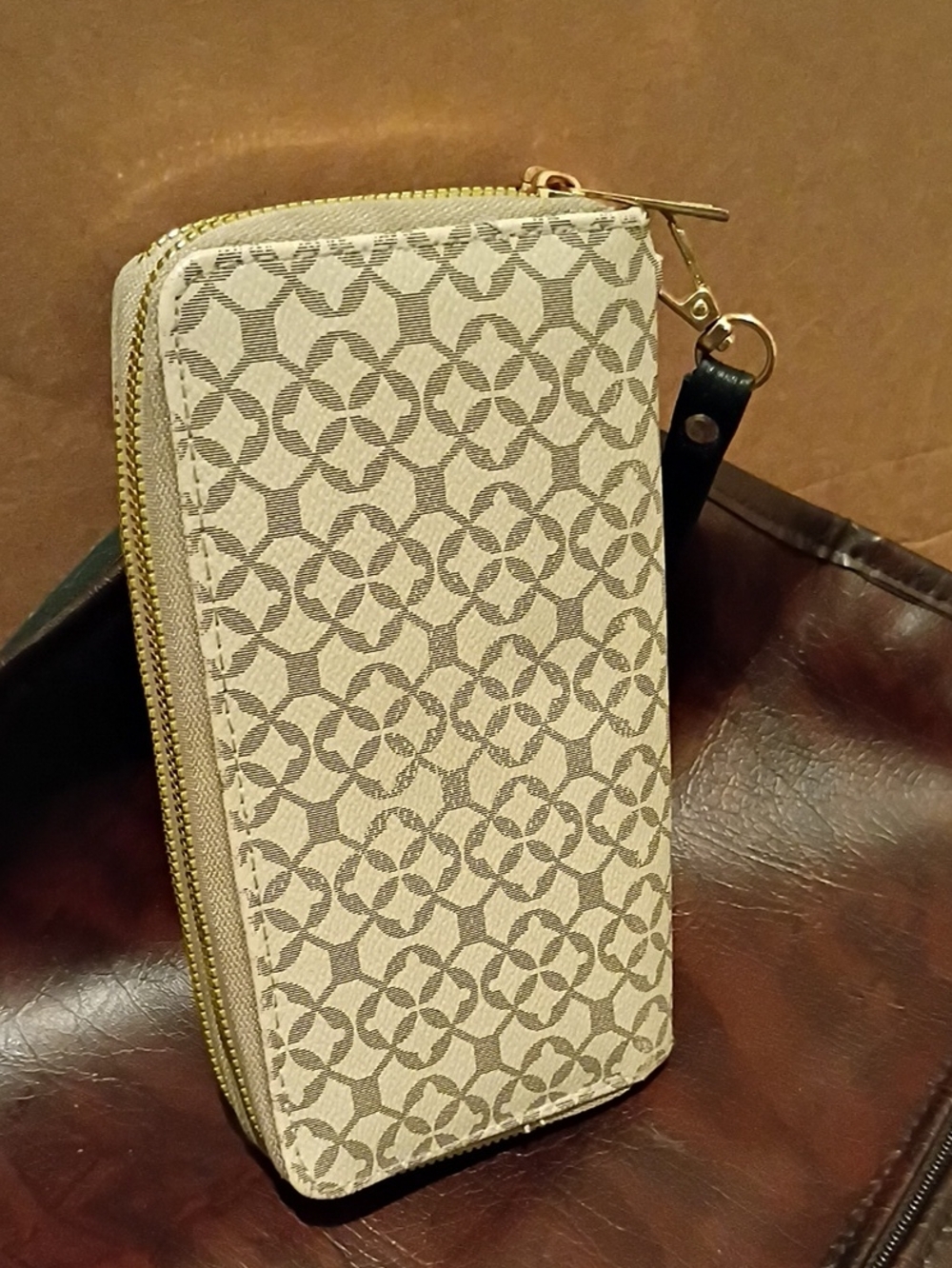 Beige Patterned Zip Wallet Phone Case with Wrist Strap